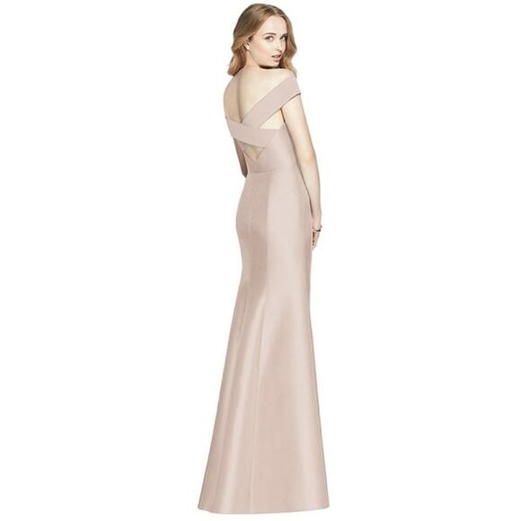 ALFRED SUNG Cross Back Off The Shoulder Satin Twill in Cameo - Picture 1 of 9